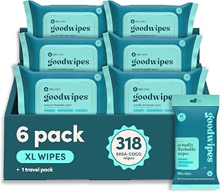 goodwipes Flushable Wipes - Shea-Coco, 318 Wipes (6 Pack + 1 Travel Size) | Septic Safe, Extra Large, Adult Wet Wipes, Bathroom Essentials, Women and Men