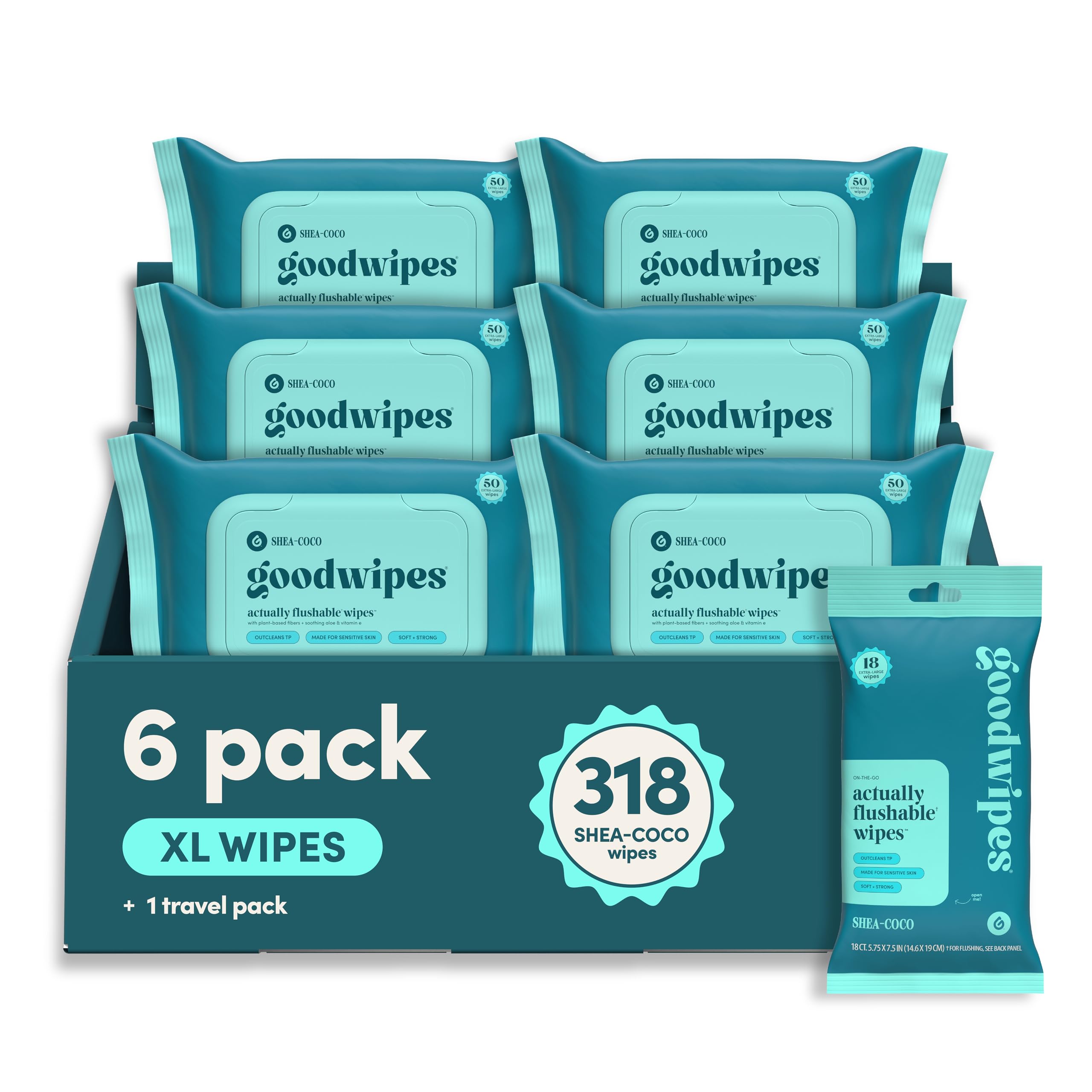 goodwipes Flushable Wipes - Shea-Coco, 318 Wipes (6 Pack + 1 Travel Size) | Sept
