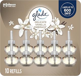 Glade PlugIns Scented Oil Air Freshener, Delicate Vanilla, 10 Refills | 10-Pack Refill Bulk Deal, Up To 60 Days Per Refill, Creamy Vanilla & Floral Scent, Bathroom, Kitchen, Bedroom Use
