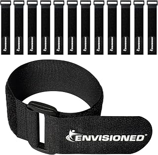 Reusable Cinch Straps 1" x 20" - 12 Pack, Multipurpose Quality Hook and Loop Securing Straps (Black) - Plus 2 Free Bonus Reusable Cable Ties