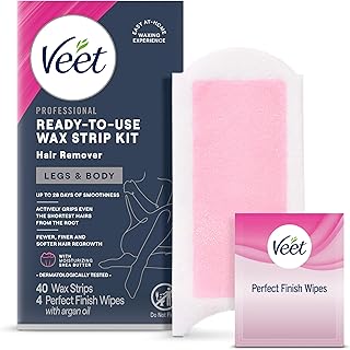 Veet Wax Strips Kit for Women, Body Hair Removal, 40 Strips + 4 Body Wipes | Smooth Results Up to 28 Days, Salon-Quality Results at Home, No Heating Required, Ready-to-Use