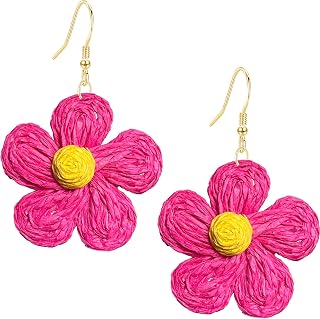 Rattan Earrings for Women Statement Boho Raffia Straw Wrapped Flower Drop Dangle Earrings Summer Tropical Beach Jewelry