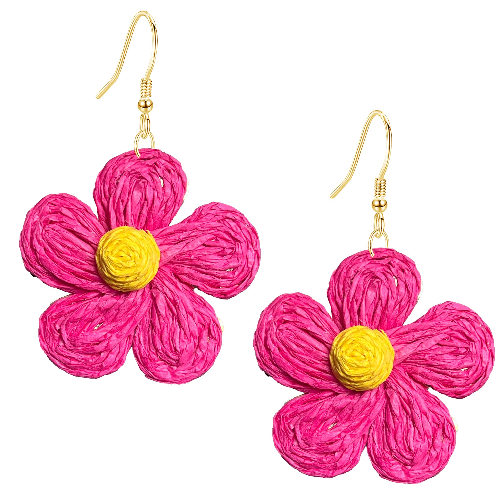 Rattan Earrings for Women Statement Boho Raffia Straw Wrapped Flower Drop Dangle