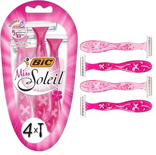 BIC Miss Soleil Disposable Razors for Women, 3 Blade, Pink Handle, Pack 4 | Smooth, close shave every time, two Vitamin E lubricating strips with Ergonomic Handle. For legs, underarms and Bikini line
