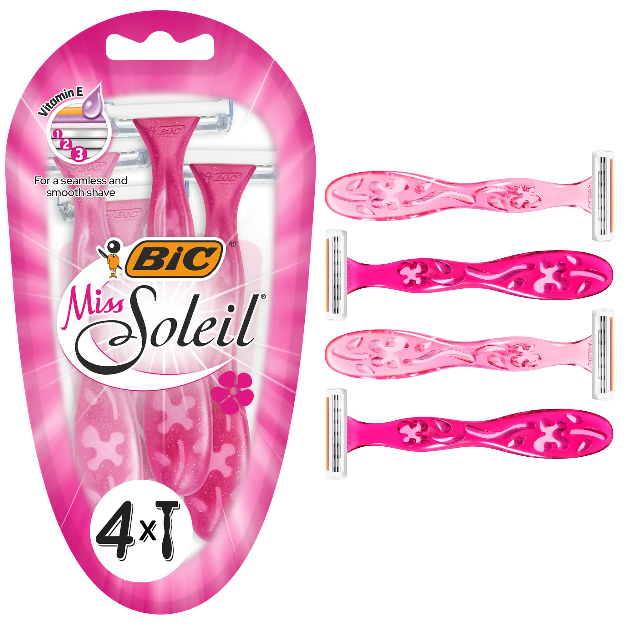 BIC Miss Soleil Disposable Razors for Women, 3 Blade, Pink Handle, Pack 4 | Smoo
