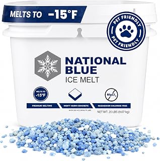 National Blue Ice Melt and Snow Salt 20lb Bucket - Fast Acting Ice Melter - Pet, Plant and Concrete Friendly, Environmentally Safe - Free of Magnesium Chloride - Melts to -15°F