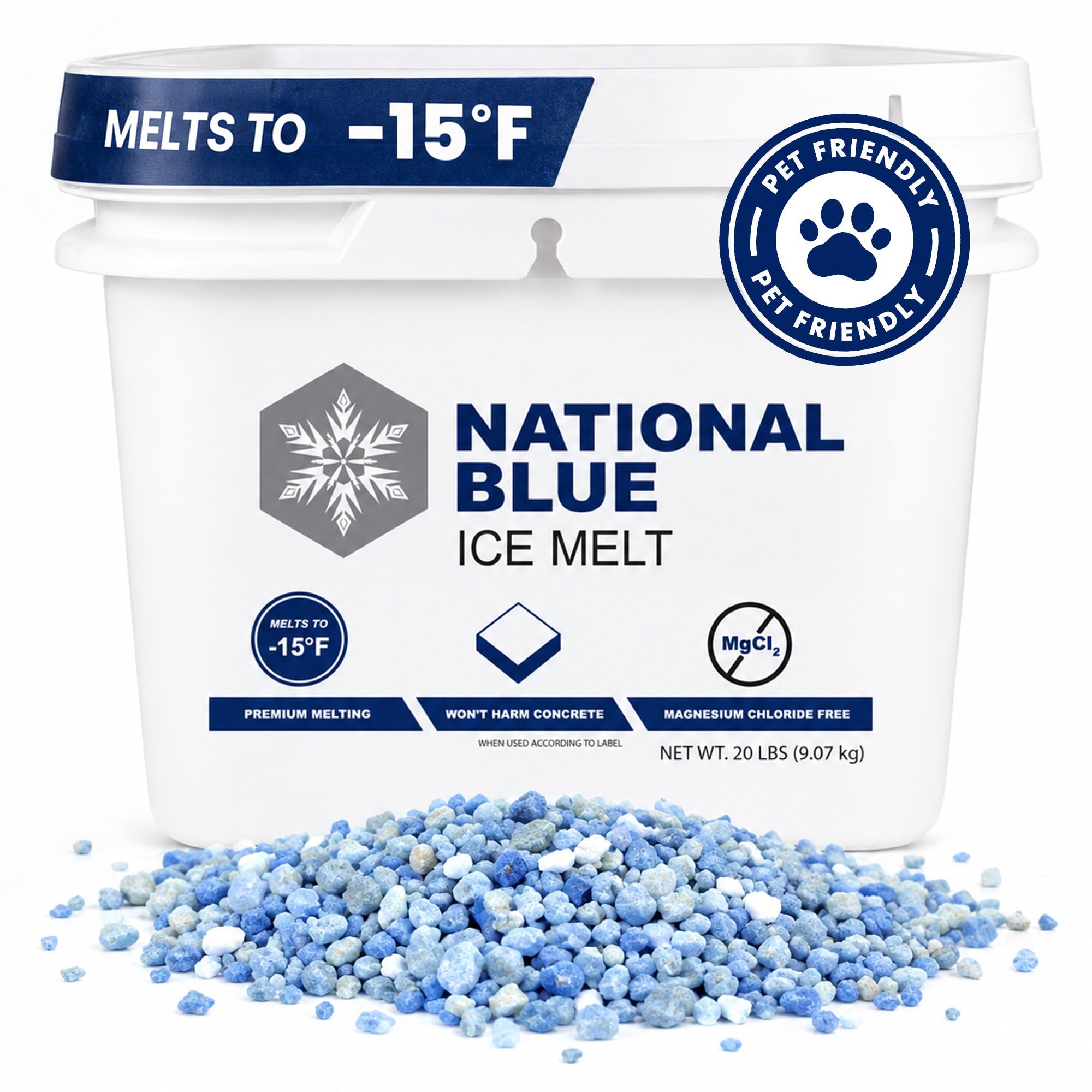 National Blue Ice Melt and Snow Salt 20lb Bucket - Fast Acting Ice Melter - Pet,