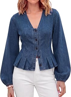 Tankaneo Camicie da donna in denim con bottoni e maniche lunghe a sbuffo