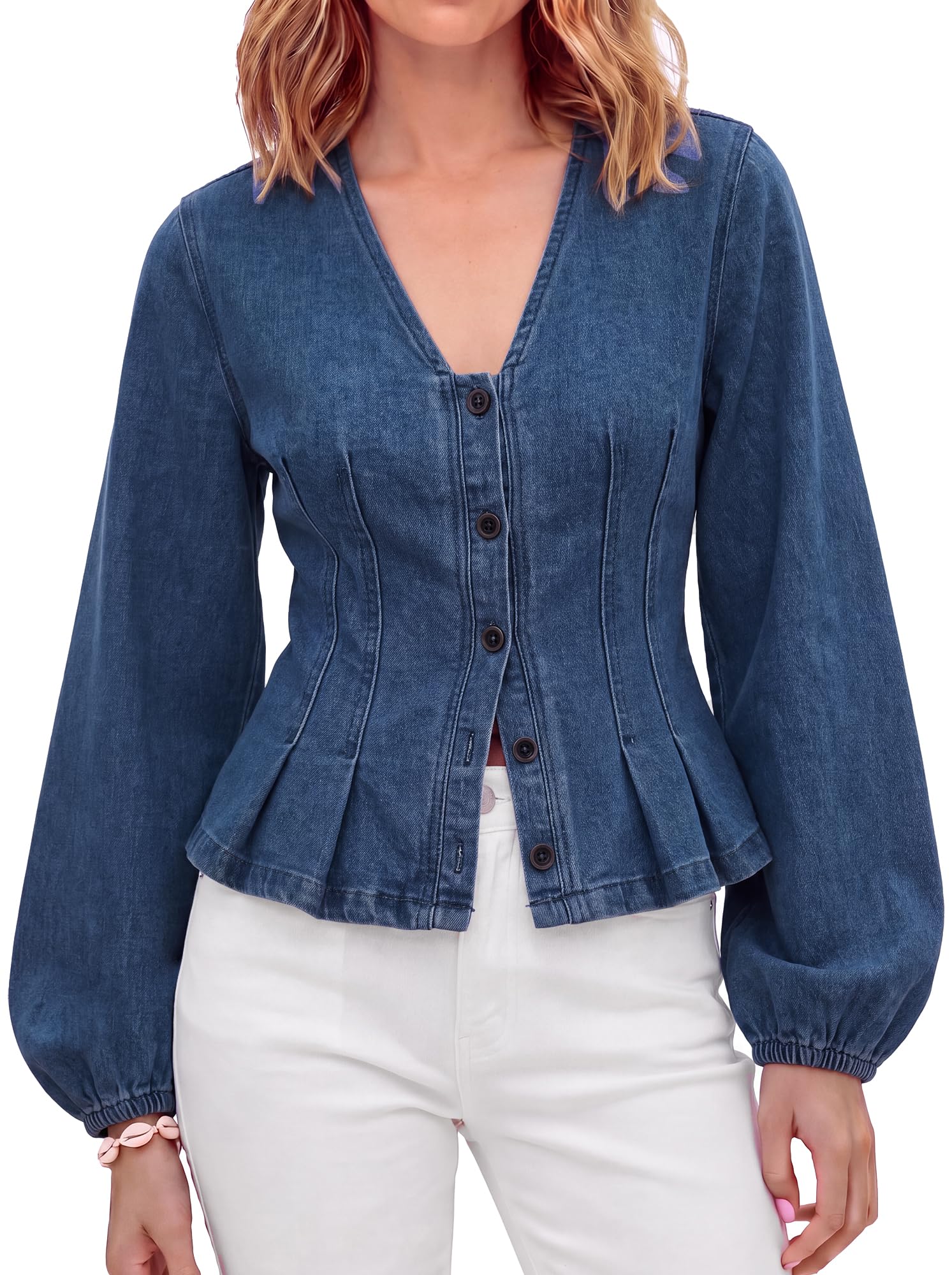 Tankaneo Camicie da donna in denim con bottoni e maniche lunghe a sbuffo