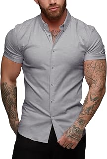 URRU Men's Muscle Shirt Slim Fit Stretch Short Sleeve Casual Button Down Shirts for Men