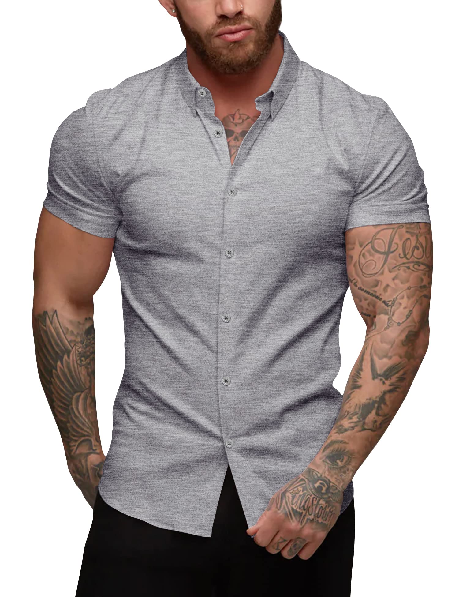 URRU Men's Muscle Shirt Slim Fit Stretch Short Sleeve Casual Button Down Shirts 