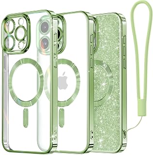 Meifigno Candy Series iPhone 15 Pro Magnetic Case Compatible with MagSafe with Glitter Insert, Wrist Strap and Full Camera Protection for Women, Grass Green