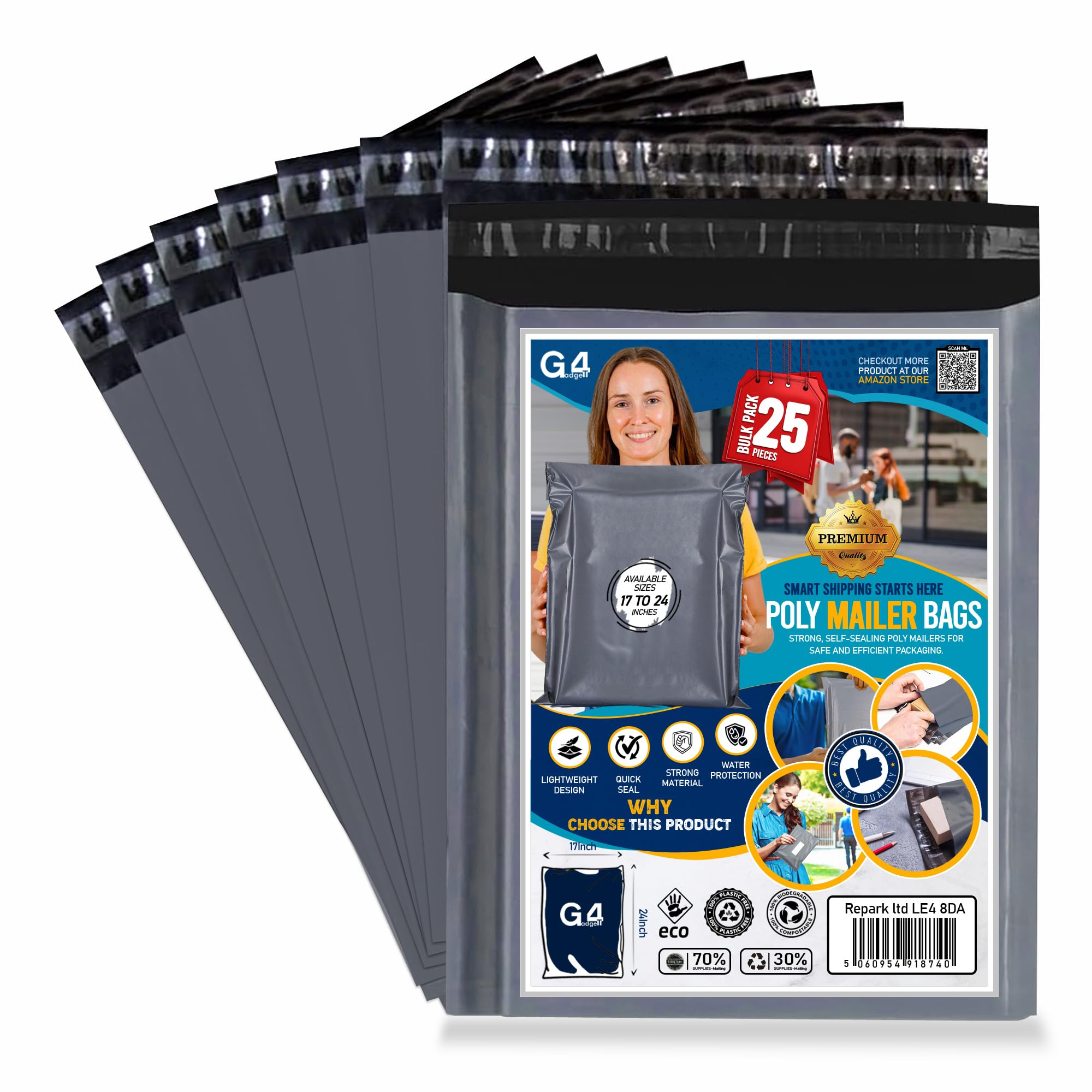 G4GADGET 25 Pack Large Grey Mailing Bags 17x24 [432mm x 610mm] – Strong Postage 
