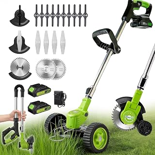Cordless Electric Weed Wacker with Wheels, 3-in-1 Grass Trimmer & Brush Cutter & Lawn Edger, 3 Types Blade, 2X2000mAh Batteries, Lightweight String Trimmer for Garden and Yard Lawn, Gifts for Seniors