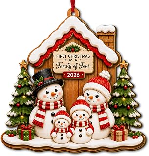 First Christmas as a Family of Four 2026 Ornament, Family of 4 Christmas Ornament, 2 Layer Wooden Snowman Christmas Ornament, Family Holiday Keepsake Gift
