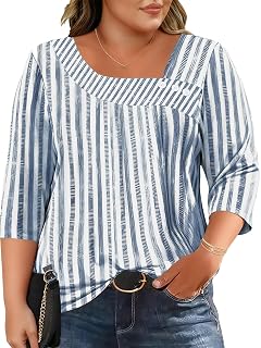 LOMON Camisetas de manga 3/4 para mujer, talla grande, cuello asimétrico, blusas de moda 2026