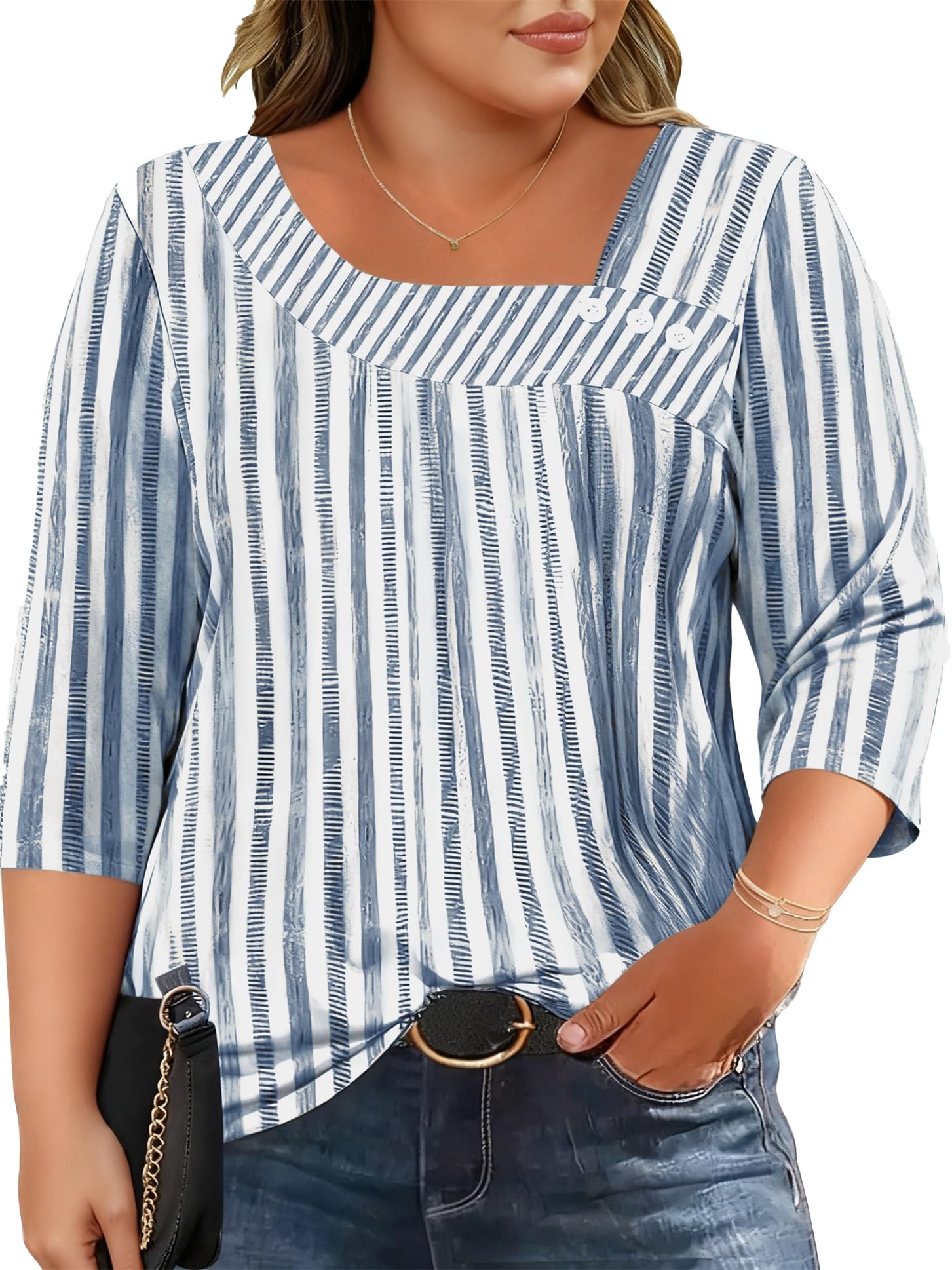 LOMON Camisetas de manga 3/4 para mujer, talla grande, cuello asimétrico, blusas
