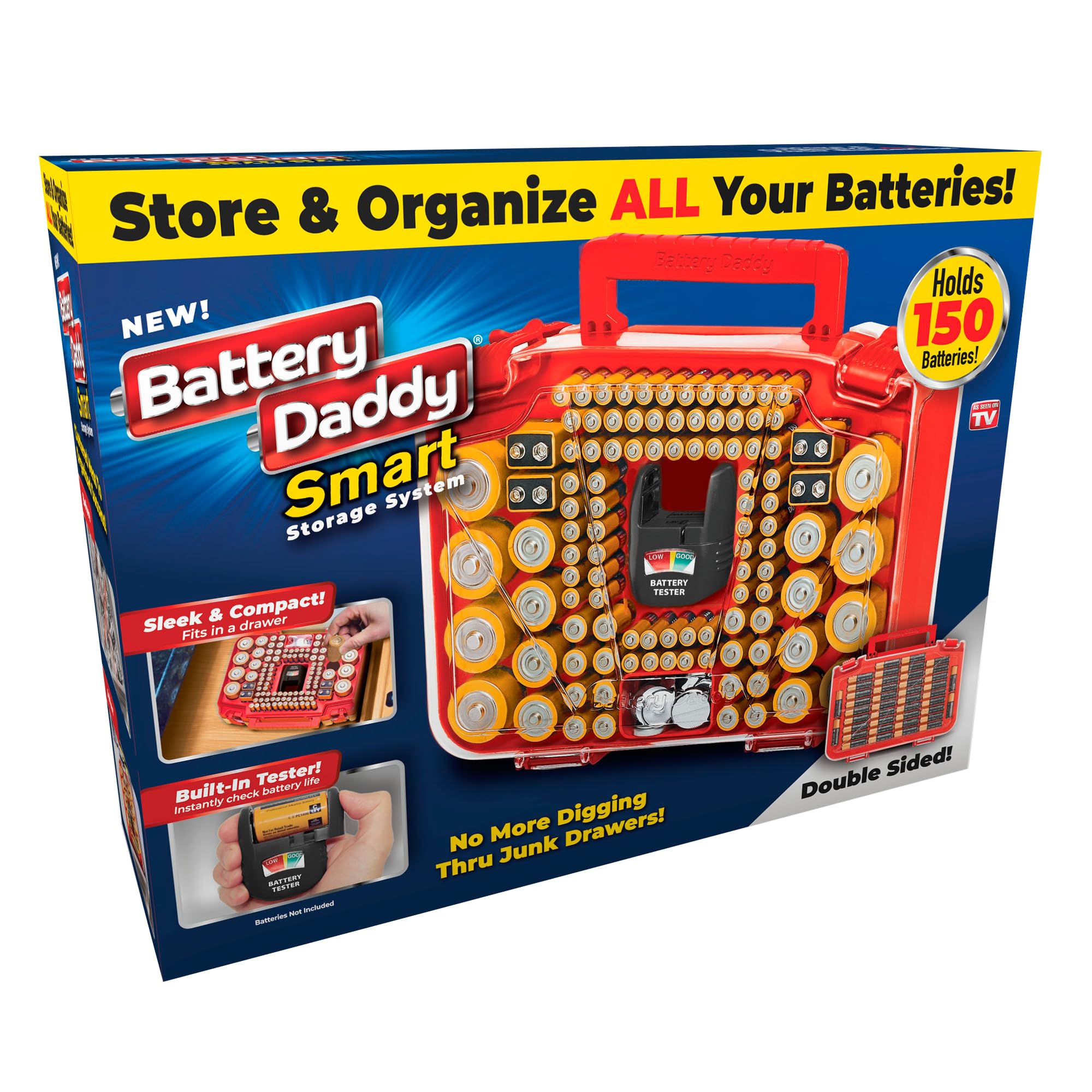 Ontel Battery Daddy Smart Organizer Storage Case & Tester, Holds 150 | Double-Si