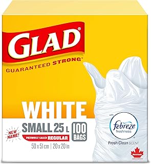 Glad White Garbage Bags - Small 25 Litres - Febreze Fresh Clean Scent, 100 Trash Bags, Made in Canada of Global Components
