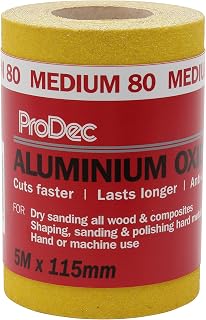 ProDec 5m Roll 80 Grit Medium Grade Yellow Aluminium Oxide Abrasive Sanding | for Sanding Wood, Paint, Plaster, Filler, Metal and More, 115mm Wide Sandpaper Compatible with Machine Sanders
