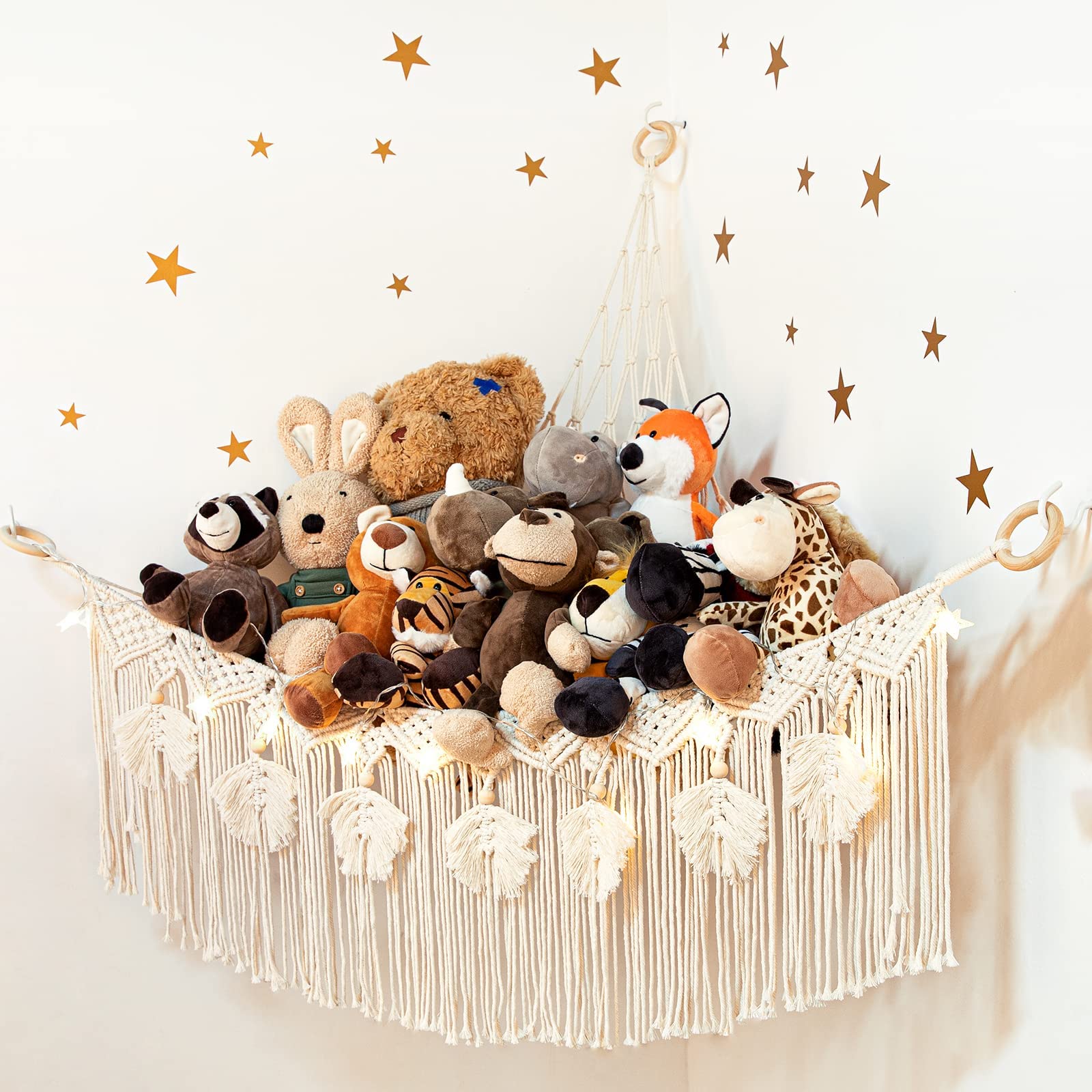 Macrame Stuffed Animal Storage with Star Light, Corner Hammock for Nursery | Cor