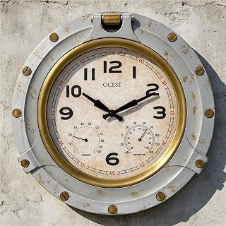 OCEST 18 Inch Large Outdoor Wall Clock with Thermometer Hygrometer | Waterproof design, silent lightweight build, large easy-read numbers, vintage style for patio, garden, porch, pool, farmhouse