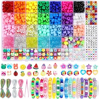 Funtopia Pony Beads for Bracelets, 1042 Pcs Bracelet Making Kit | 26 Colors Pony Beads, 200 Letter Beads, Assorted Clay Charms, 4 Rolls Elastic Strings & Tweezers, DIY Jewelry and Crafts