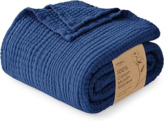 Love's cabin 100% Cotton Muslin Blanket King Size for Bed, Dark Blue | 6 Layer Lightweight Breathable Gauze Throw Blanket 108 x 90 Inches, Soft All Season Blanket for Couch, Bed, Sofa