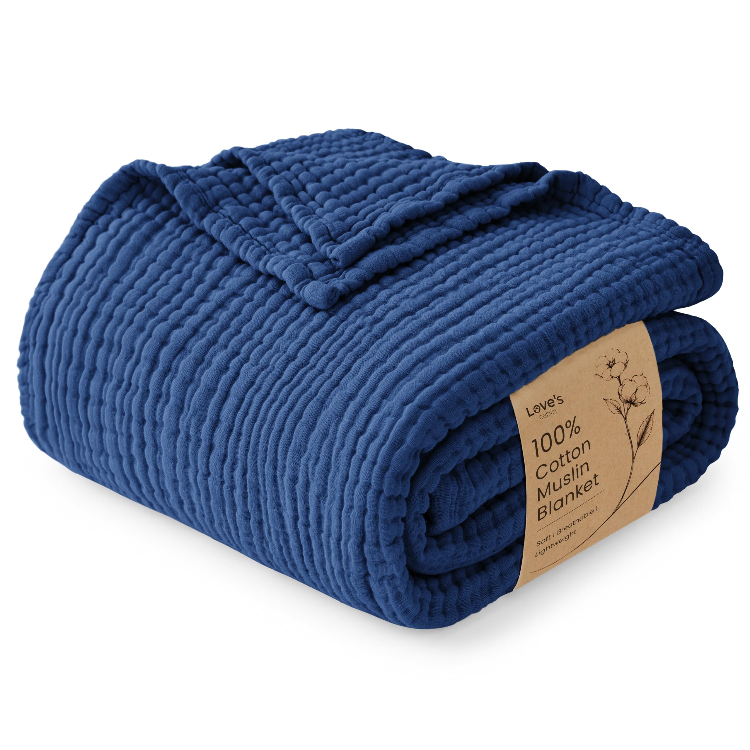 Love's cabin 100% Cotton Muslin Blanket King Size for Bed, Dark Blue | 6 Layer L