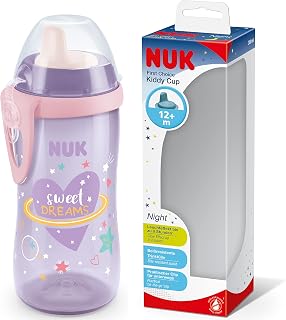 NUK Kiddy Cup Night Toddler Cup | 12+ Months | 300 ml | Leak-Proof Toughened Spout | Glow in the Dark | Clip & Protective Cap | Purple