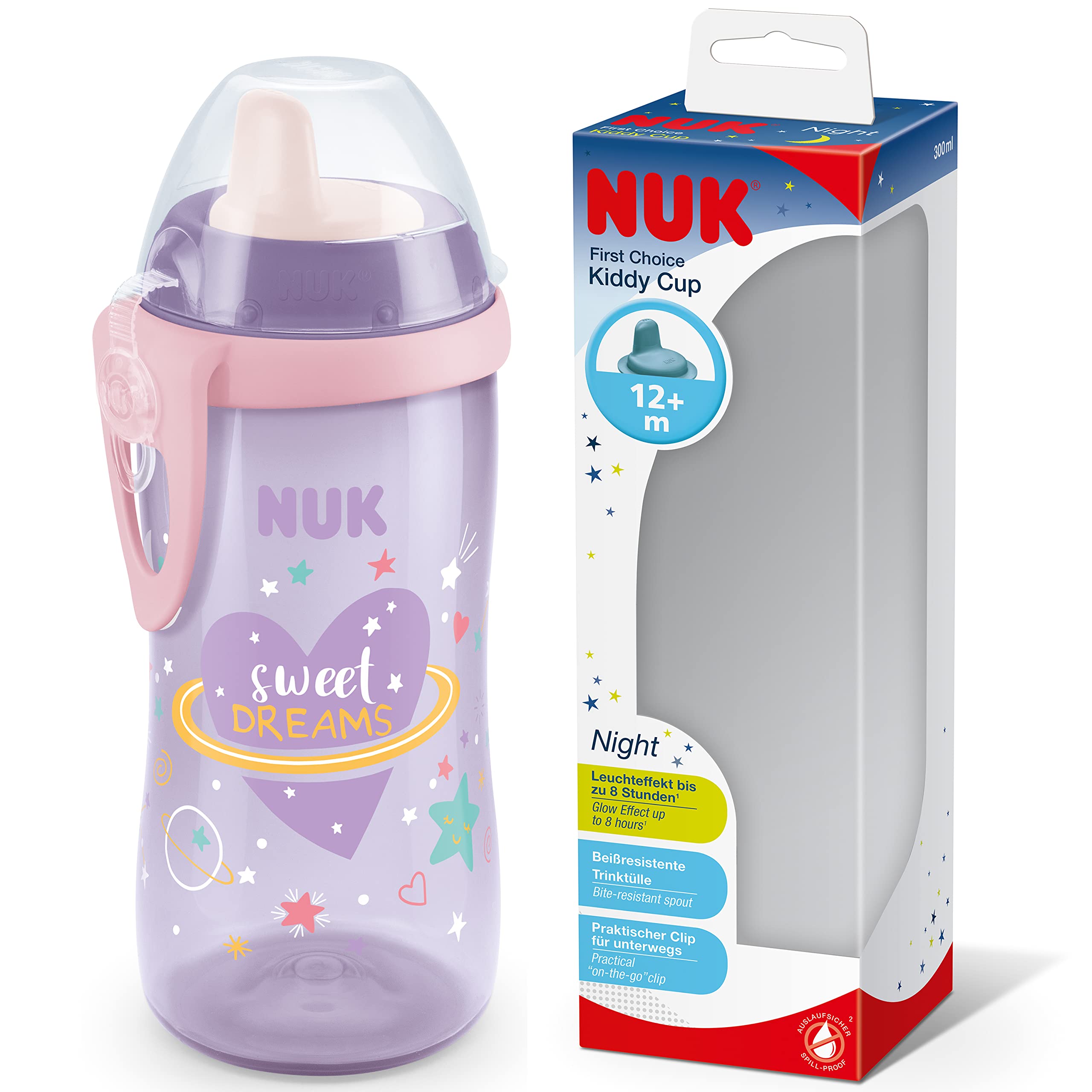 NUK Kiddy Cup Night Toddler Cup | 12+ Months | 300 ml | Leak-Proof Toughened Spo