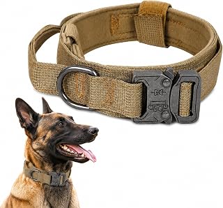 Tactical Dog Collar, Adjustable Dog Collar, Heavy Duty Nylon Collar with Metal Buckle, 1.5" Wide Training Collar for Medium to Large Dogs, Khaki L