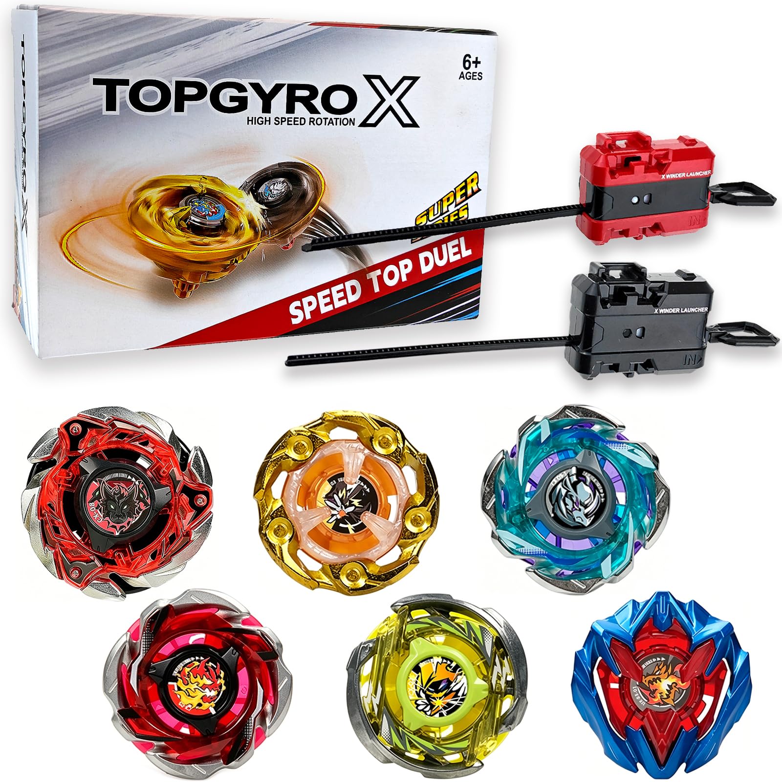JURANTOY 6 X Battling Tops and 2 Launchers Set, Great Spin Gyro Starter Pack for