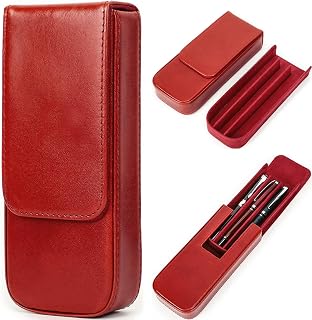Top Grain Genuine Leather 3 Pen/Pencil Tray Case Holder, Solid Fashion Design No Logo, Handmade, Magnetic Closing with Drawer Design, Gift Choice for Man/Woman/Office, Glossy Red, 3 Slots