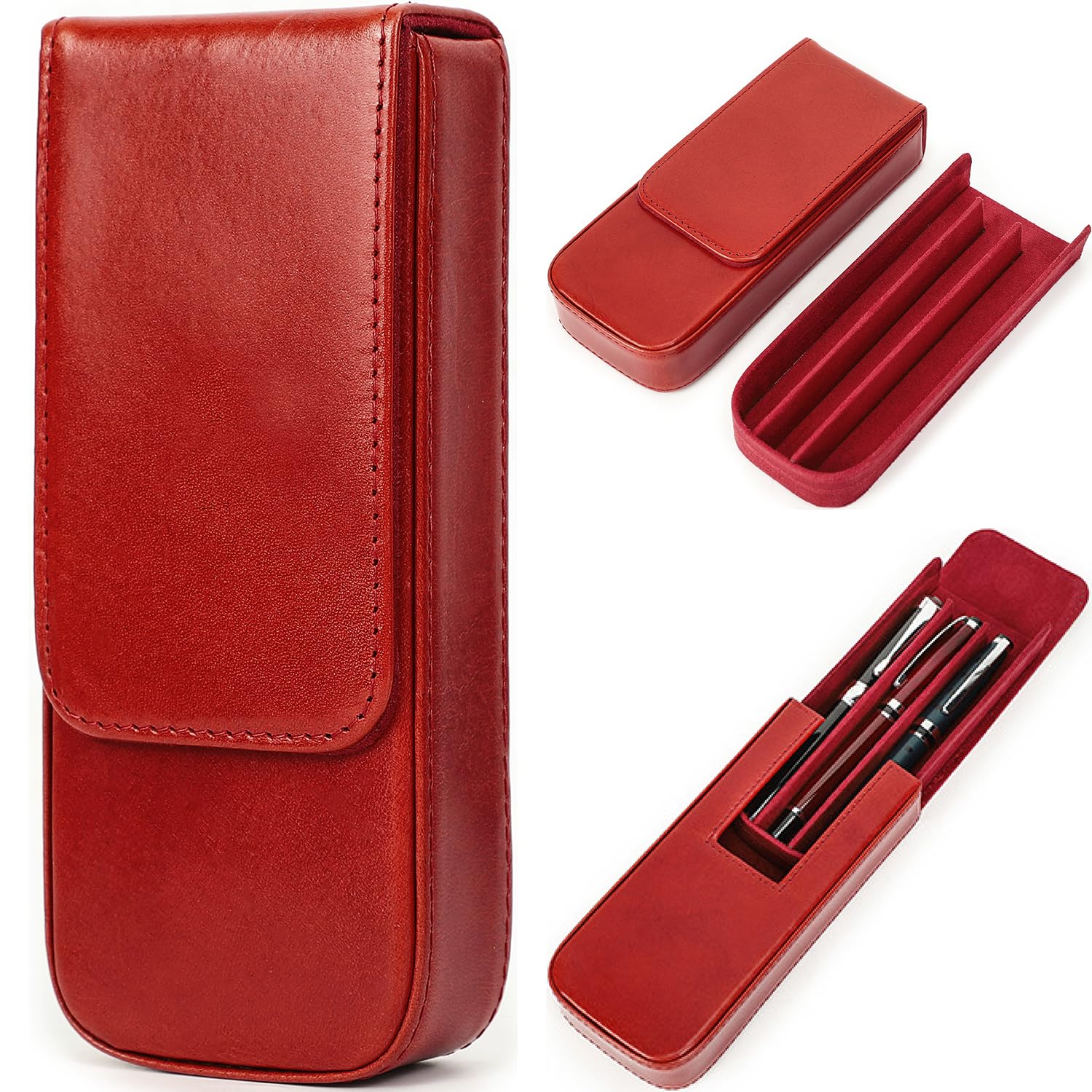 Top Grain Genuine Leather 3 Pen/Pencil Tray Case Holder, Solid Fashion Design No