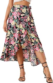 Allegra K Women's Floral Print Ruffle Self Tie Split Hawaiian Wrap Skirt