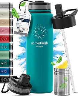 Active Flash Insulated Stainless Steel Water Bottle 1l/500 ml BPA Free + Straw (3 Caps) | Insulated Stainless Steel Water Bottle, Reusable Thermos | Camping Bike Sport Running Hiking Children Coffee