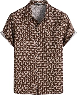 PARKLEES Mens Cotton Linen Shirt 70s Vintage Pattern Casual Short Sleeve Retro Shirt