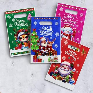 50 Pack Christmas Bags Classic Christmas Patterns, Cute OPP Christmas Bags, Candy Bags with Handles (Style 1)