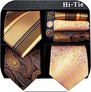 [FUFSAWS] Hi-Tie Juego de 3/5 corbatas para hombre con pañuelo y gemelos de seda, amarillo, Talla única, #REF!
