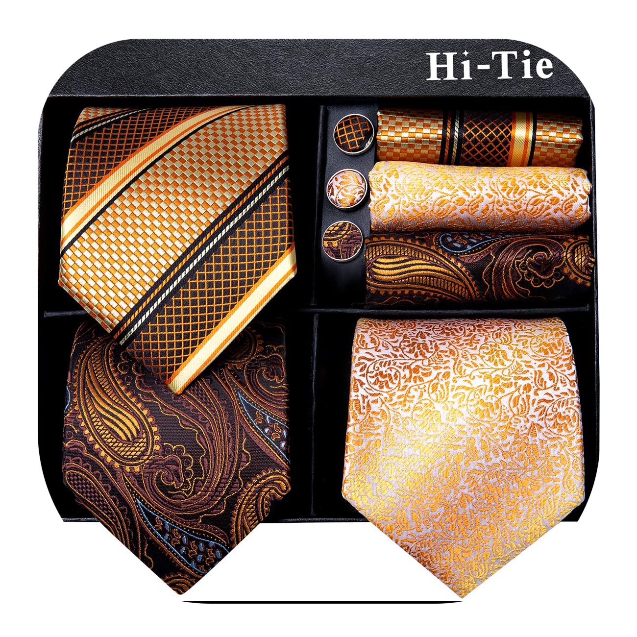 [FUFSAWS] Hi-Tie Juego de 3/5 corbatas para hombre con pañuelo y gemelos de seda