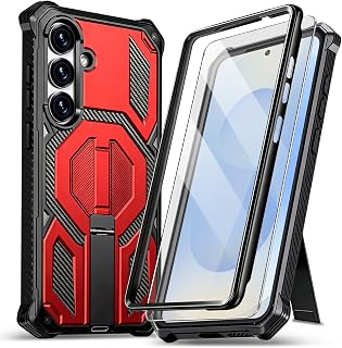 Full-Body Bumper Protective Case for Samsung Galaxy S25 Plus 5G Case [with 2 Screen Protector] Hidden Adjustable Metal Kickstand, Heavy-Duty Shockproof Rugged Magnetic Cover (Red, Samsung S25 Plus)