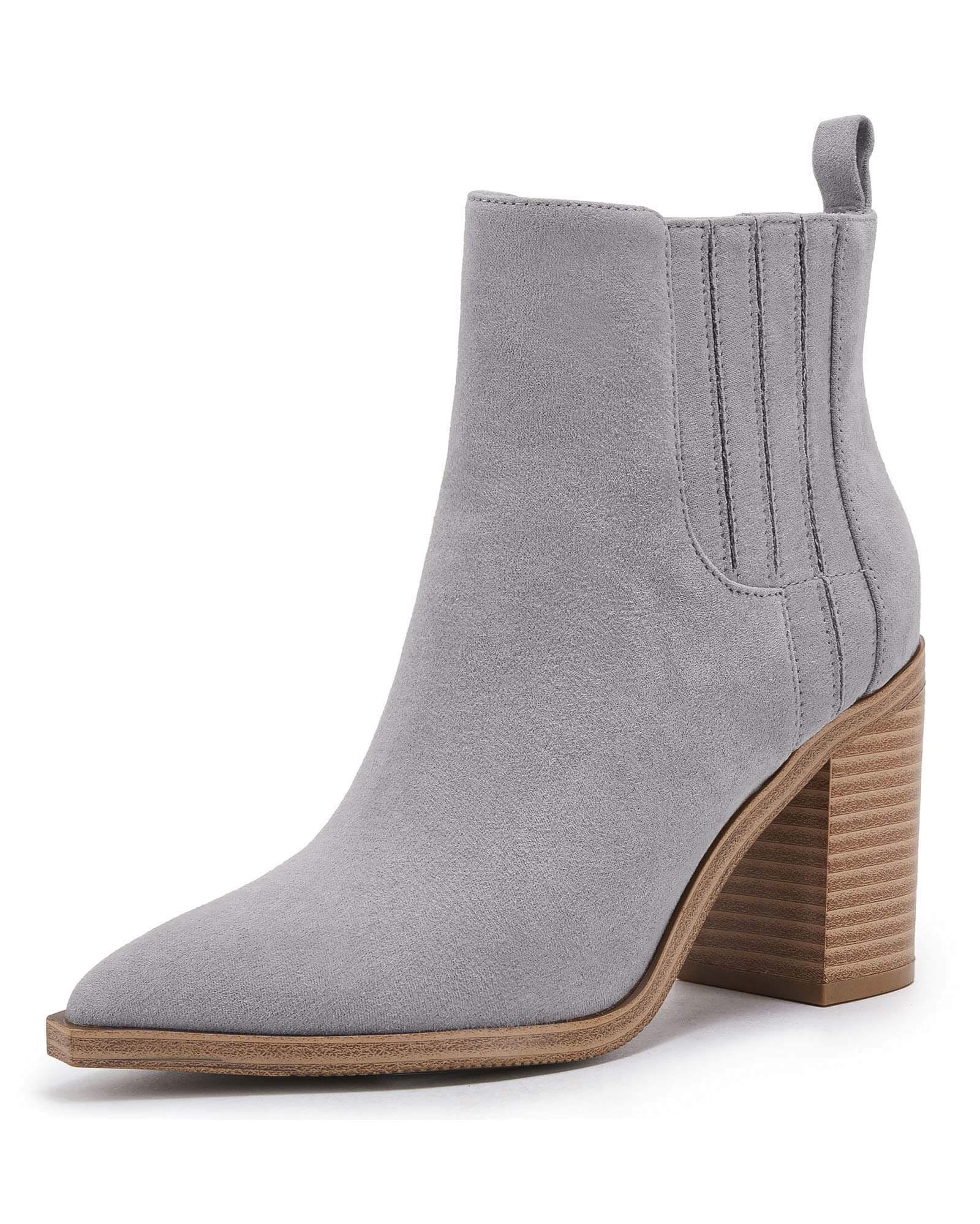 Womens Ankle Boots Slip on Pointed Toe Chunky Block Mid Heel Leather Elastic Pan
