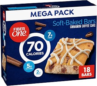 Fiber One 70 Calorie Cinnamon Coffee Cake Soft Baked Bars, 18 ct, 16 oz | 27% Daily Value of Fiber per Bar, 70 Calories & 2g Sugar, 5g Net Carbs, Bulk Supply for Office or On-The-Go Snacking, 16 oz