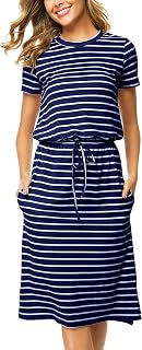 Simier Fariry Womens Summer Hide Belly Knee Length Travel Dress Pocket Short Sleeve Midi Work Casual Outfits