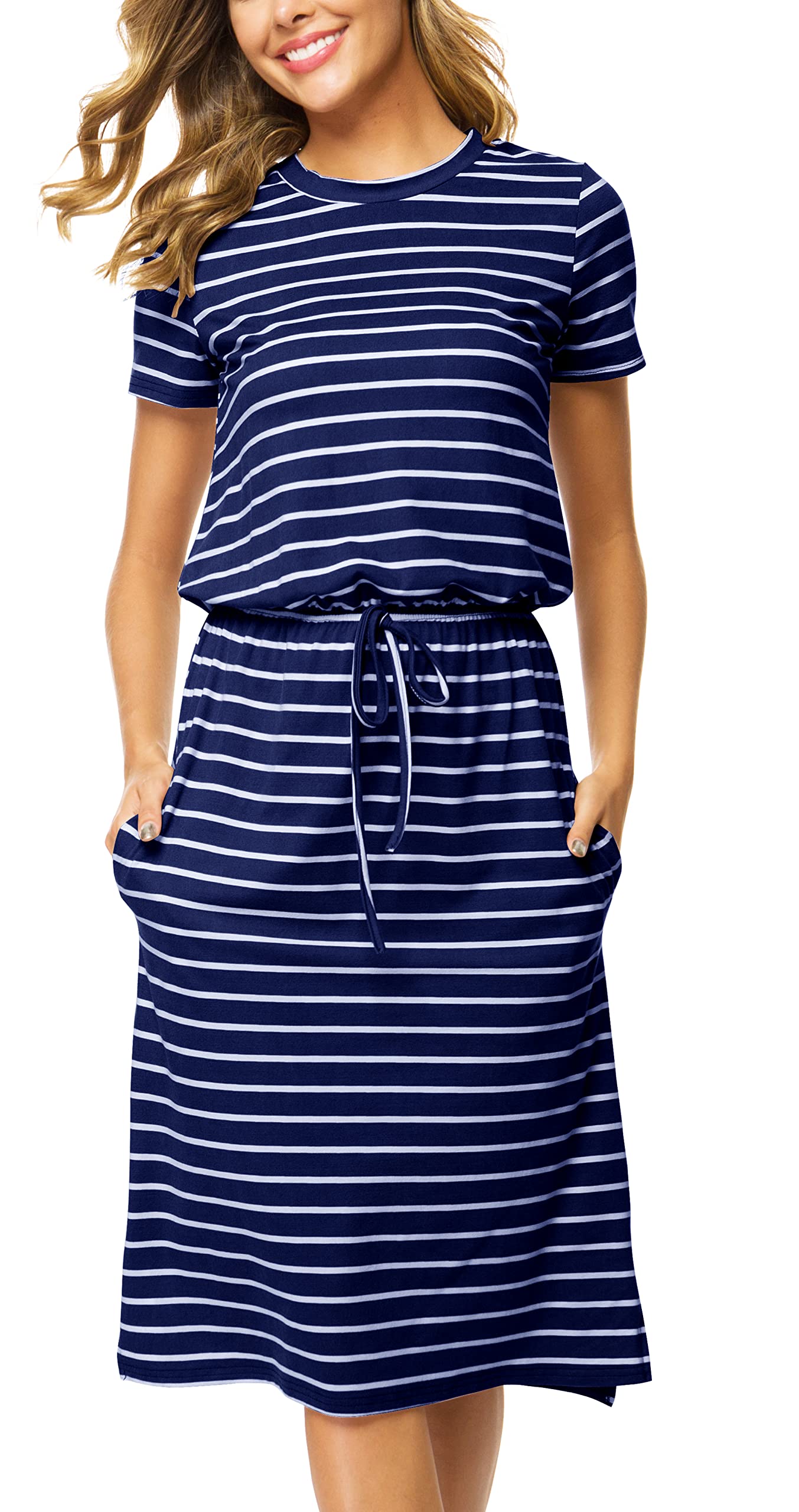 Simier Fariry Womens Summer Hide Belly Knee Length Travel Dress Pocket Short Sle