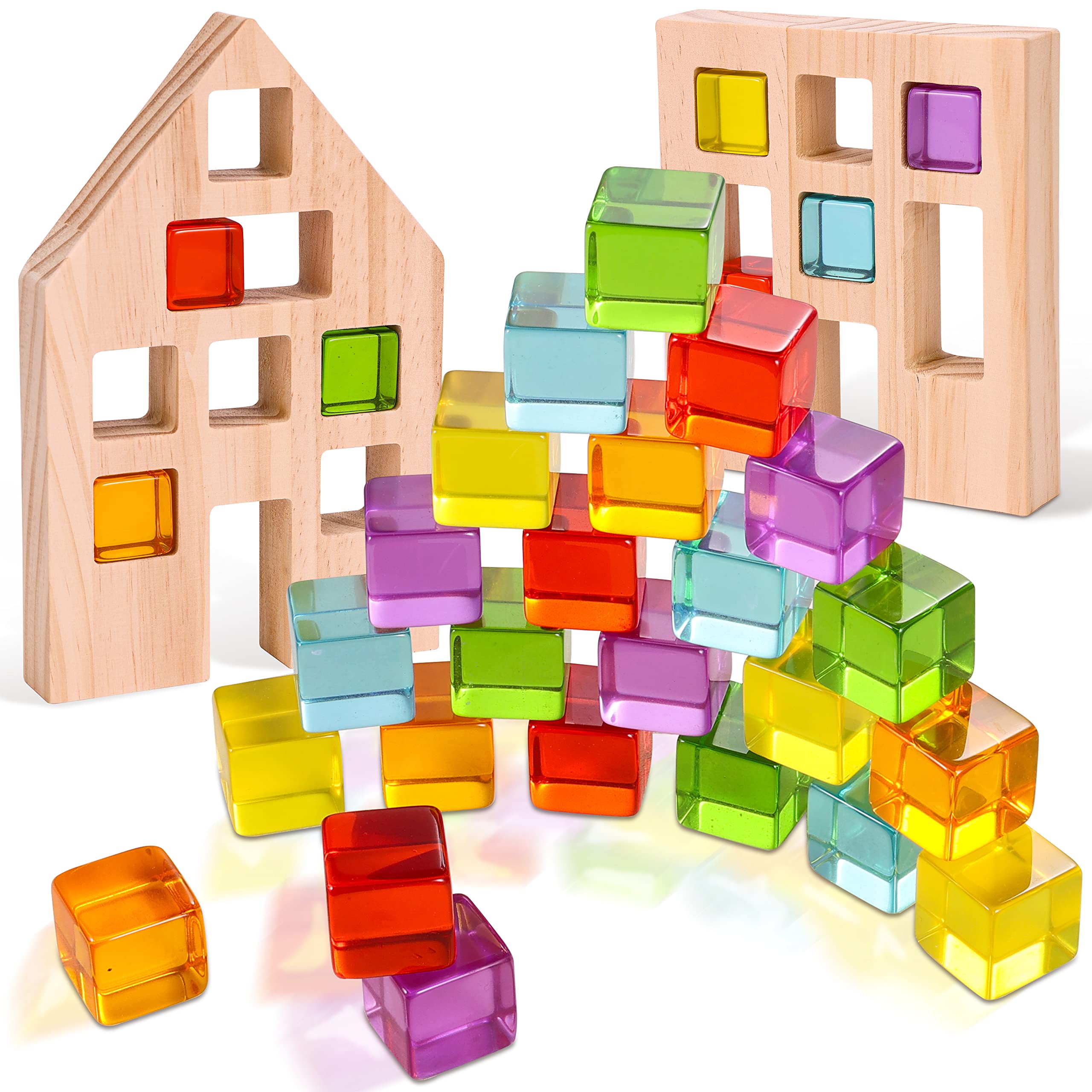 Woodtoe 24 PCS Rainbow Blocks Set, Wooden Building Blocks for Kids Ages 3-6 | Mo
