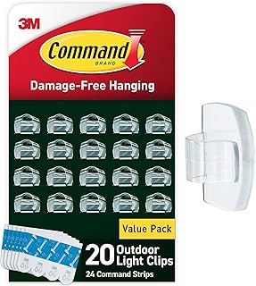 Command Outdoor Light Clips, Clear, 20 Clips, 24 Weather Resistant Strips | Damage-Free Hanging Light Clips with Adhesive Strips, No Tools Mini Wall Hooks for Hanging Decorations in Living Spaces