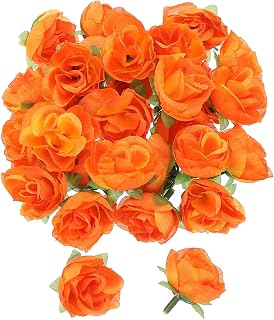Mini Artificial Roses Bulk 1.2 Inch 50 Pcs Silk Fabric Small Fake Flower Heads for Wedding Crafts Home Party Decoration Orange Red
