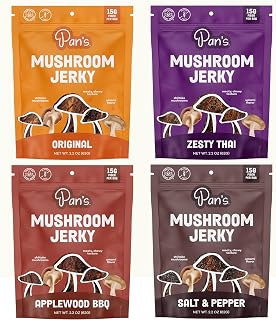 Pan's Mushroom Jerky, Organic, Vegan Snacks, Mushrooms Shitake, Meatless Jerky, Gluten Free, High in Fiber, Variety pack of Original, Zesty Thai, Salt & Pepper, BBQ (2.2 Ounce, Pack of 4)